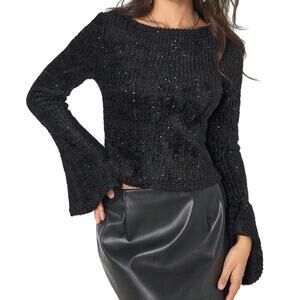 Sequin Embellished Flare Long Sleeve Cropped Sweater in Black, Size S​​